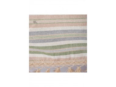 Buldan Dokuması Keten Renkli Çizgili Ponponlu Masa Örtüsü