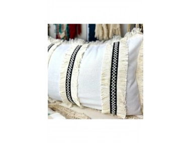 Keten Krem Üç Püsküllü Kırlent Kırlent Kılıfı (35 x 55)