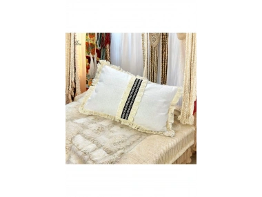 Keten Krem Siyah Şeritli Püsküllü Kırlent Kırlent Kılıfı(35 X 55 )