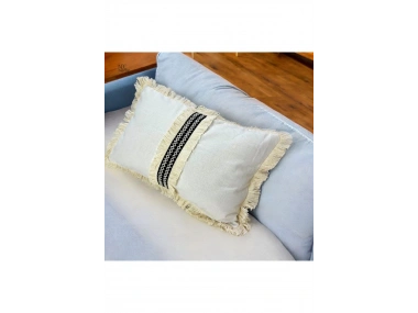 Keten Krem Siyah Şeritli Püsküllü Kırlent Kırlent Kılıfı(35 X 55 )