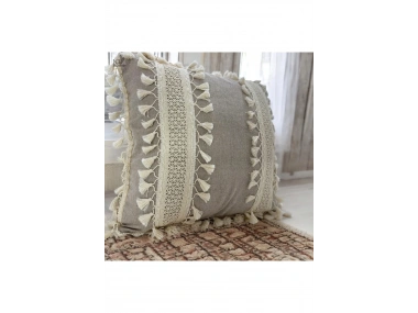 Bej Keten Kalın Dantel Ponponlu Kırlent Kırlent Kılıfı(43 X 43)