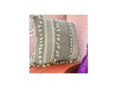 Bej Keten Kalın Dantel Ponponlu Kırlent Kırlent Kılıfı(43 X 43)