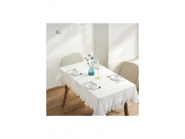Premium Keten Beyaz Fırfırlı Masa Örtüsü
