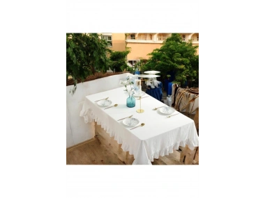 Premium Keten Beyaz Fırfırlı Masa Örtüsü
