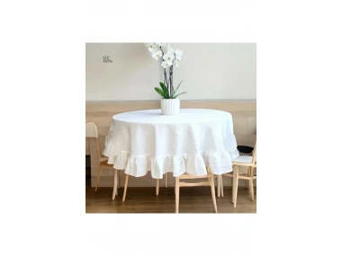 Premium Beyaz Keten Fırfırlı Yuvarlak Masa Örtüsü