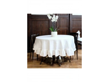 Premium Beyaz Keten Fırfırlı Yuvarlak Masa Örtüsü