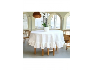 Premium Beyaz Keten Fırfırlı Yuvarlak Masa Örtüsü