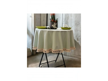 Premium Keten Adaçayı Yeşil YUVARLAK Ham Ponponlu Masa Örtüsü