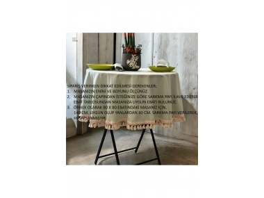 Premium Keten Adaçayı Yeşil YUVARLAK Ham Ponponlu Masa Örtüsü