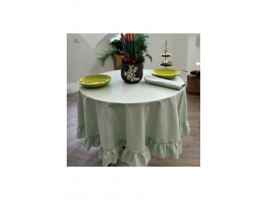 Premium Keten Adaçayı Yeşil FIRFIRLI YUVARLAK Masa Örtüsü