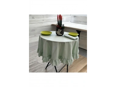 Premium Keten Adaçayı Yeşil FIRFIRLI YUVARLAK Masa Örtüsü