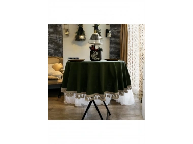 Premium Keten HAKİ Yuvarlak HAM PONPONLU Masa Örtüsü