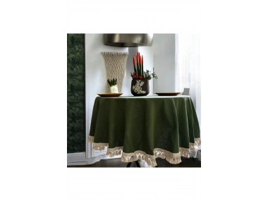 Premium Keten HAKİ Yuvarlak HAM PONPONLU Masa Örtüsü