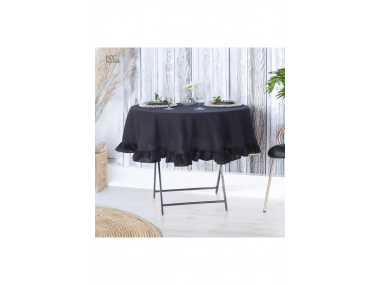 Siyah Keten YUVARLAK FIRFIRLI Masa Örtüsü