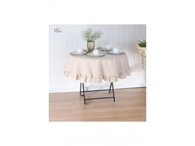 Sütlü Kahve Çizgili Keten YUVARLAK FIRFIRLI Masa Örtüsü