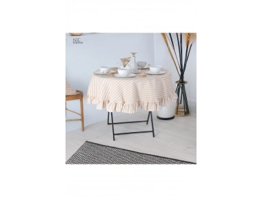 Sütlü Kahve Çizgili Keten YUVARLAK FIRFIRLI Masa Örtüsü