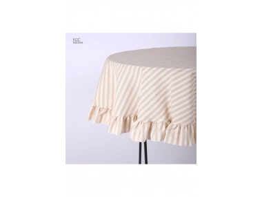 Sütlü Kahve Çizgili Keten YUVARLAK FIRFIRLI Masa Örtüsü