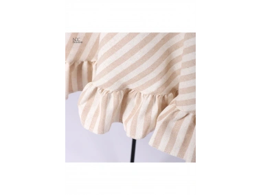 Sütlü Kahve Çizgili Keten YUVARLAK FIRFIRLI Masa Örtüsü