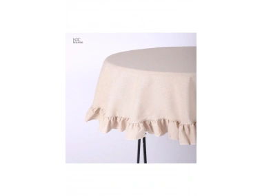 Bej Keten Yuvarlak Firfirli Masa Örtüsü