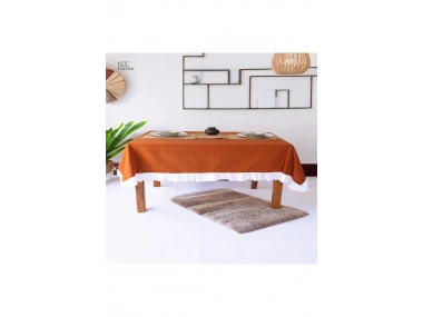 Tarçın Keten BEYAZ FIRFIRLI Masa Örtüsü