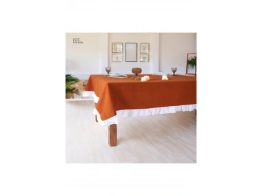 Tarçın Keten BEYAZ FIRFIRLI Masa Örtüsü