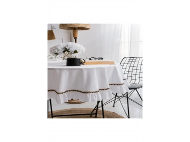 Beyaz Keten Özel Seri Fırfırlı Masa Örtüsü