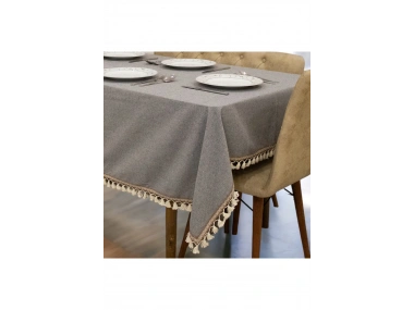 Gri Antrasit Pamuk Keten Şerit Ponponlu Masa Örtüsü