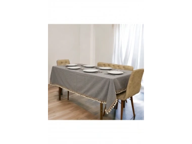Gri Antrasit Pamuk Keten Şerit Ponponlu Masa Örtüsü