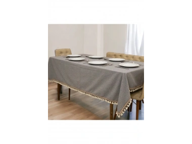 Gri Antrasit Pamuk Keten Şerit Ponponlu Masa Örtüsü