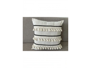 Özel Tasarım Siyah Şeritli Tekli Keten Krem Kırlent Kılıfı