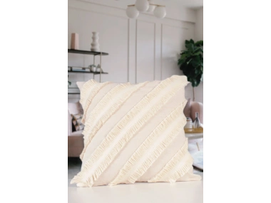 Özel Tasarım Çapraz Çift Püsküllü Tekli Keten Krem Kırlent Kılıfı