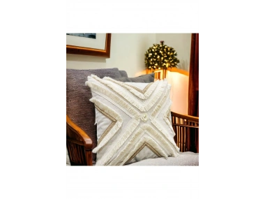 Özel Tasarım Çoklu Püsküllü Motifli Tekli Keten Krem Kırlent Kılıfı (43X43)