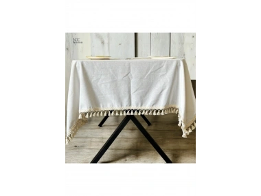 Organik Ham Keten Krem Ponponlu Masa Örtüsü