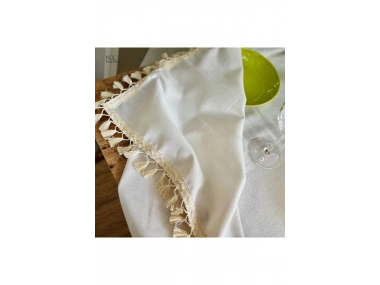 Organik Ham Keten Krem Ponponlu Masa Örtüsü