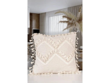 Özel Tasarım Çapraz Ponponlu Tekli Keten Krem Kırlent Kılıfı(45X55)