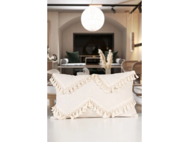 Özel Tasarım Çapraz Ponpon Tekli Keten Krem Kırlent Kılıfı(35X55)