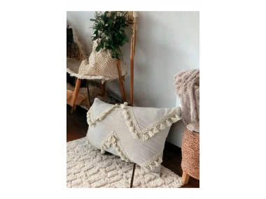 Özel Tasarım Çapraz Ponpon Tekli Keten Krem Kırlent Kılıfı(35X55)