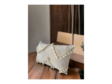 Özel Tasarım Çapraz Ponpon Tekli Keten Krem Kırlent Kılıfı(35X55)