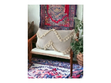 Özel Tasarım Çapraz Ponpon Tekli Keten Krem Kırlent Kılıfı(35X55)