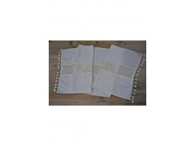 Özel Tasarım Ham Keten Krem Ara Dantelli Ve Ponponlu Runner 45 X 150