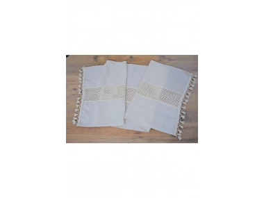 Özel Tasarım Ham Keten Krem Ara Dantelli Ve Ponponlu Runner 45 X 150