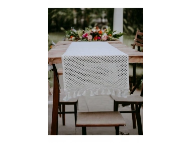 Özel Tasarım Pamuk Örme Dantel Ponponlu Runner Masa Örtüsü 35 X 140