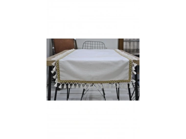 Özel Tasarım Ham Keten Krem Ponponlu Ve Şeritli Runner Masa Örtüsü