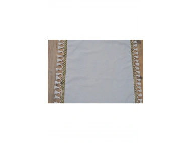 Özel Tasarım Ham Keten Krem Ponponlu Ve Şeritli Runner Masa Örtüsü