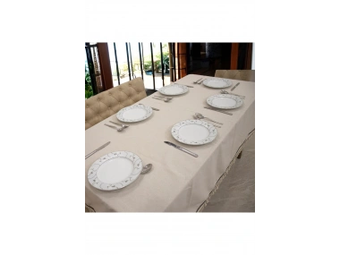 Organik Ham Keten Krem Siyah Şerit Detaylı Ponponlu Masa Örtüsü