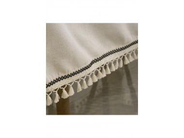 Organik Ham Keten Krem Siyah Şerit Detaylı Ponponlu Masa Örtüsü