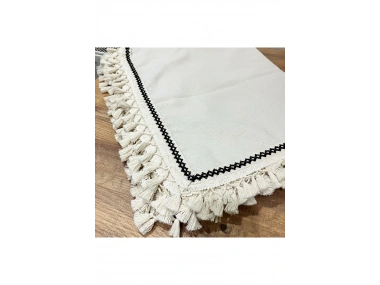 Organik Ham Keten Krem Siyah Şerit Detaylı Ponponlu Masa Örtüsü