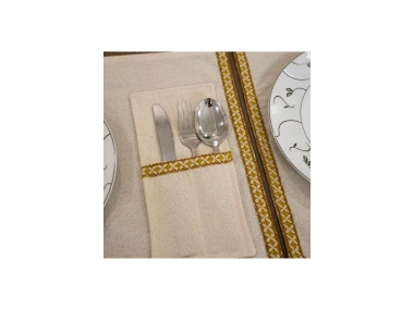 Keten Sarı Dokuma Şeritli 6lı Amerikan Servis Seti Kaşıklık Hediyeli 35x55