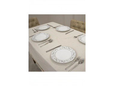 Ham Keten Organik Krem Kahverengi Şeritli Ponponlu Masa Örtüsü