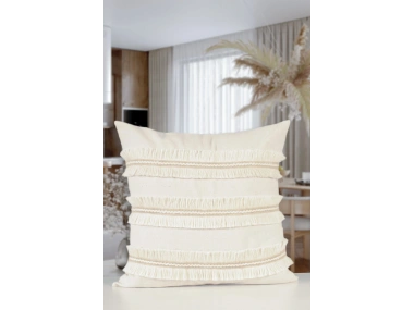 Özel Tasarım Jütlü Püsküllü Tekli Keten Krem Kırlent Kılıfı( 45 X 45)